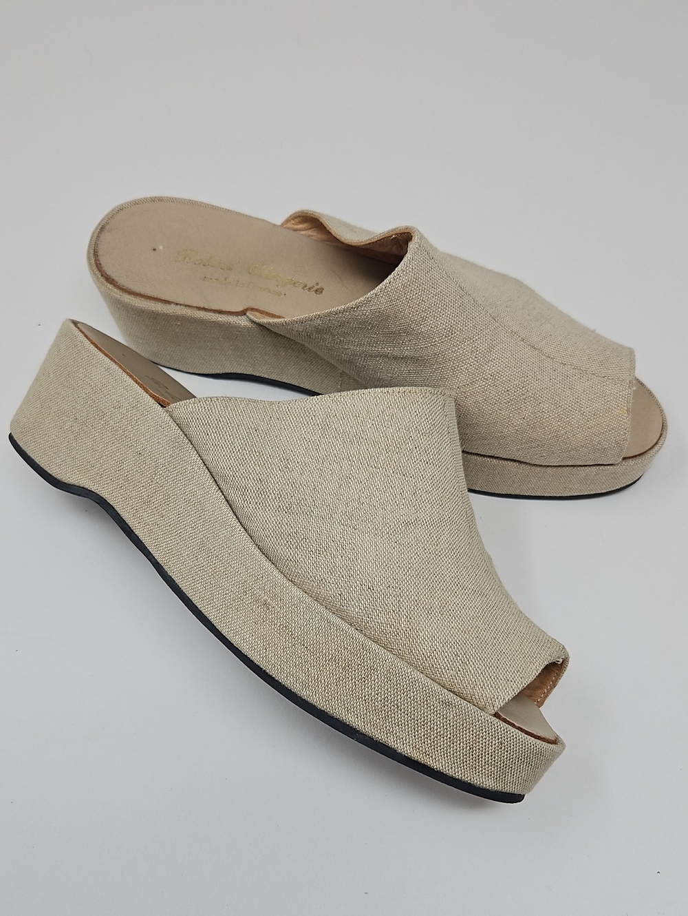 Robert Clergerie Made In France Beige Linen Platform Slide Sandals Women Size 7